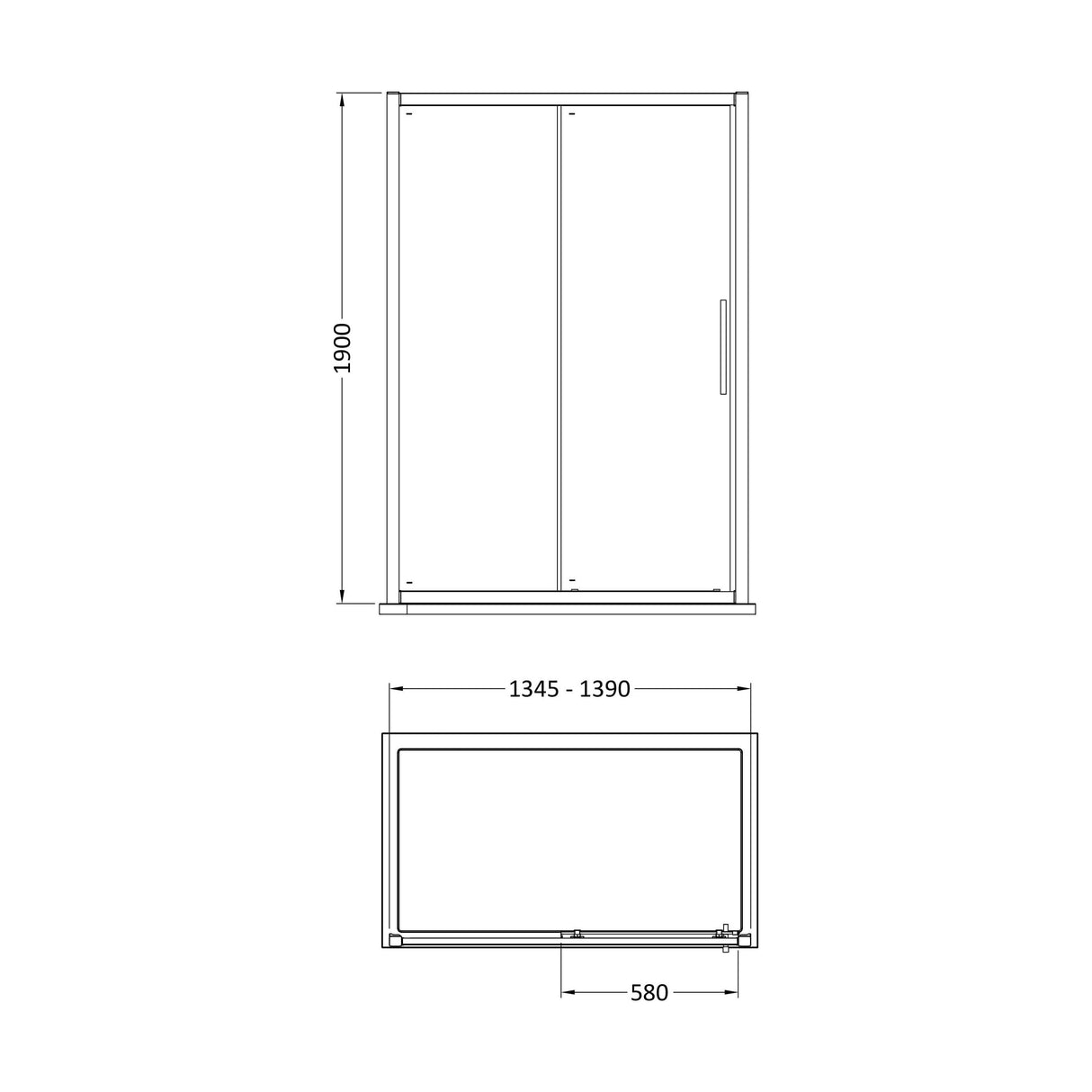 [BESOSL14H4] Sonic 8mm Toughened Safety Glass Sliding Shower Door - Available in Multiple Sizes, Choice of Handle Design - Technical Drawing