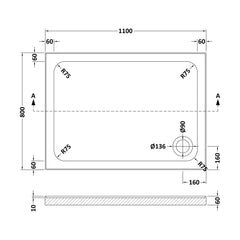 [BET2526U] White Quadrant Stone Shower Tray with Corner Waste Position with Upstands - 1100 x 800 mm - Balterley - Technical Drawing