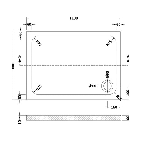 [BET2526U] White Quadrant Stone Shower Tray with Corner Waste Position with Upstands - 1100 x 800 mm - Balterley - Technical Drawing