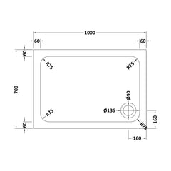 [BETASP1070] White Rectangular Stone Slip Resistant Shower Tray - Available in Multiple Sizes - Technical Drawing