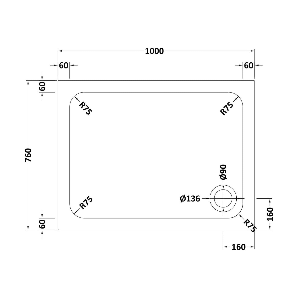 [BETASP1076] White Rectangular Stone Slip Resistant Shower Tray - Available in Multiple Sizes - Technical Drawing