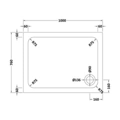 [BETASP1076] White Rectangular Stone Slip Resistant Shower Tray - Available in Multiple Sizes - Technical Drawing