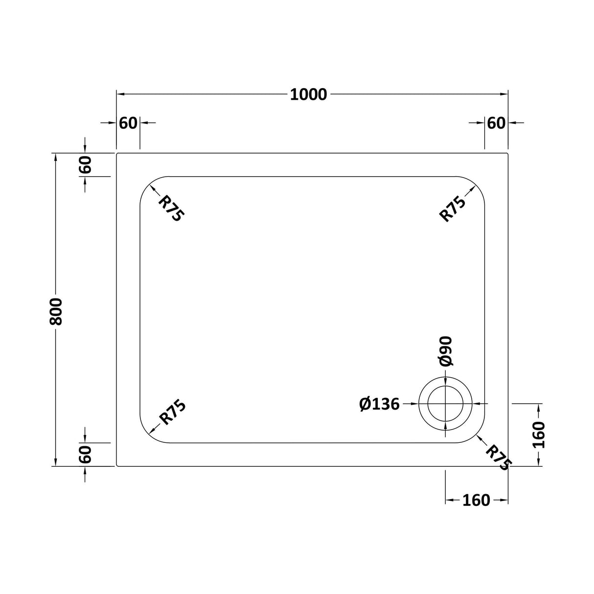 [BETASP1080] White Rectangular Stone Slip Resistant Shower Tray - Available in Multiple Sizes - Technical Drawing
