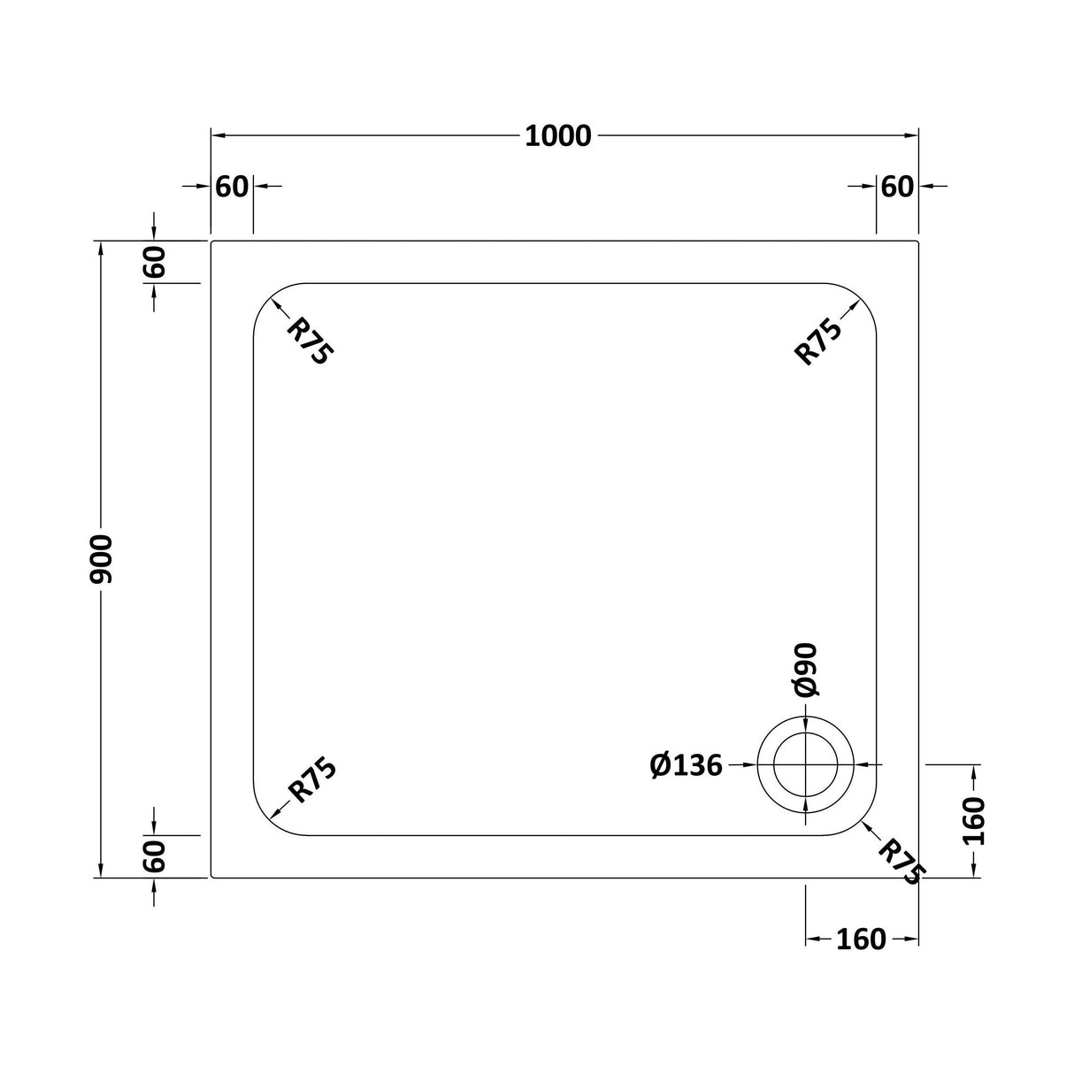 [BETASP1090] White Rectangular Stone Slip Resistant Shower Tray - Available in Multiple Sizes - Technical Drawing