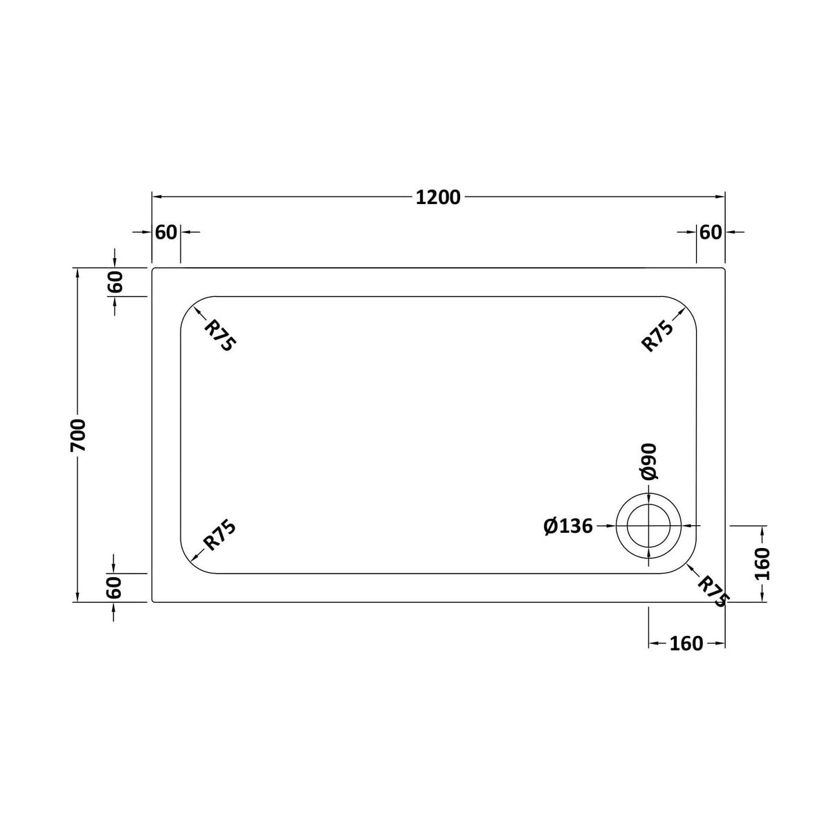 [BETASP1270] White Rectangular Stone Slip Resistant Shower Tray - Available in Multiple Sizes - Technical Drawing