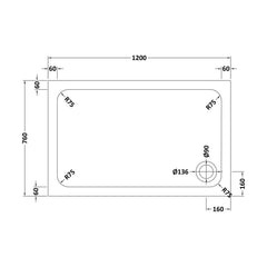 [BETASP1276] White Rectangular Stone Slip Resistant Shower Tray - Available in Multiple Sizes - Technical Drawing