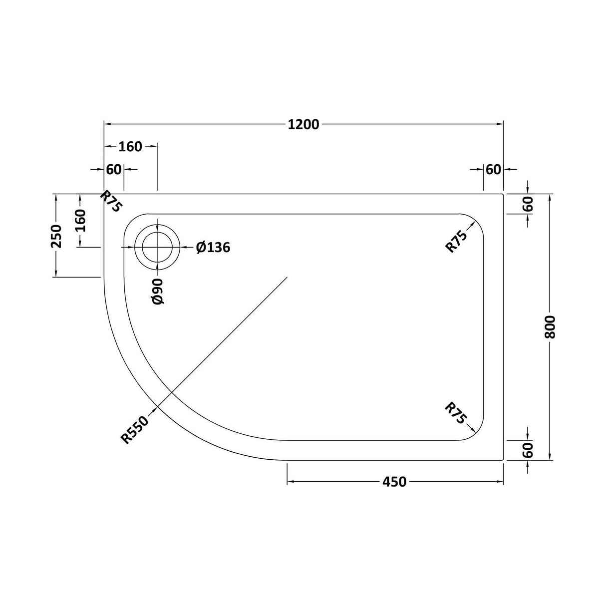 [BETASP1280QL] Bathroom Offset Quadrant Shower Tray, Anti-Slip - Choice of Size and Orientation - Technical Drawing