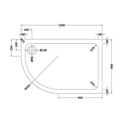 [BETASP1280QL] Bathroom Offset Quadrant Shower Tray, Anti-Slip - Choice of Size and Orientation - Technical Drawing
