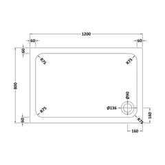 [BETASP1280] White Rectangular Stone Slip Resistant Shower Tray - Available in Multiple Sizes - Technical Drawing