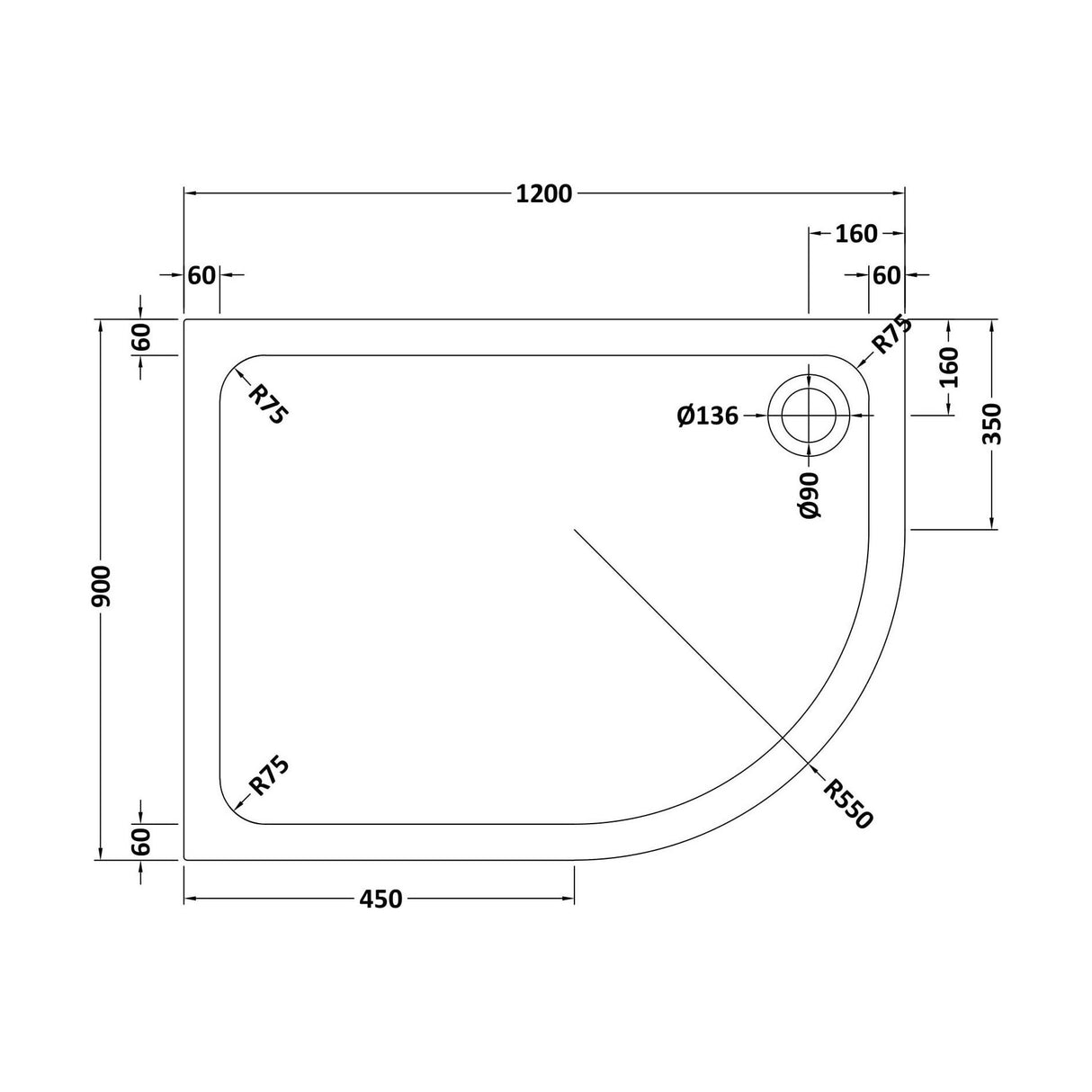 [BETASP1290QR] Bathroom Offset Quadrant Shower Tray, Anti-Slip - Choice of Size and Orientation - Technical Drawing
