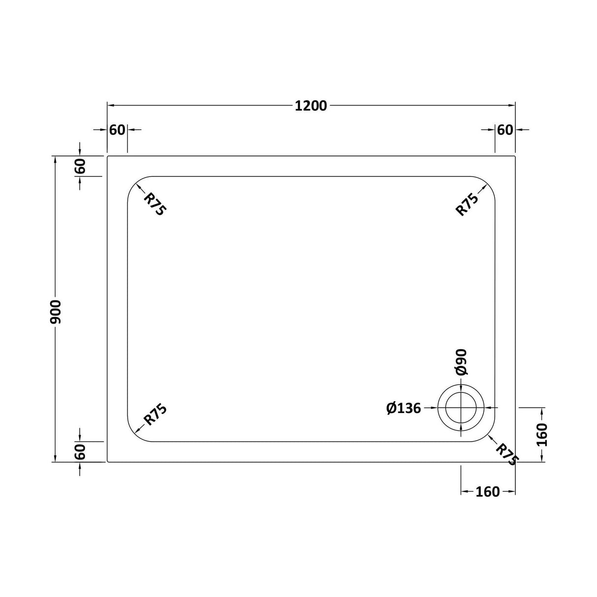 [BETASP1290] White Rectangular Stone Slip Resistant Shower Tray - Available in Multiple Sizes - Technical Drawing