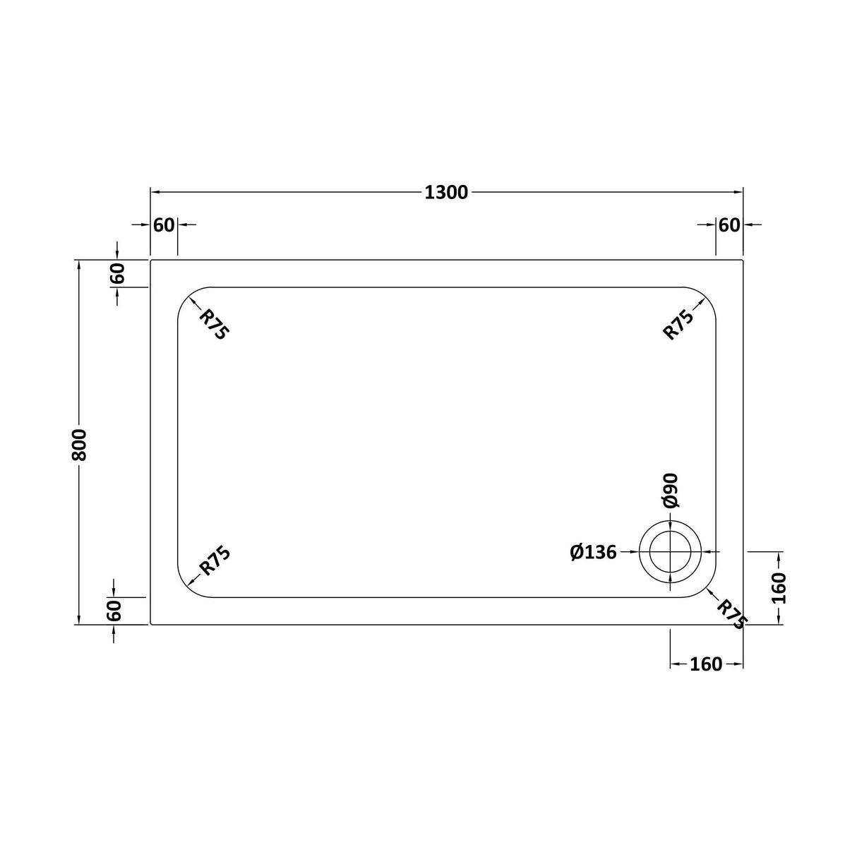 [BETASP1380] White Rectangular Stone Slip Resistant Shower Tray - Available in Multiple Sizes - Technical Drawing