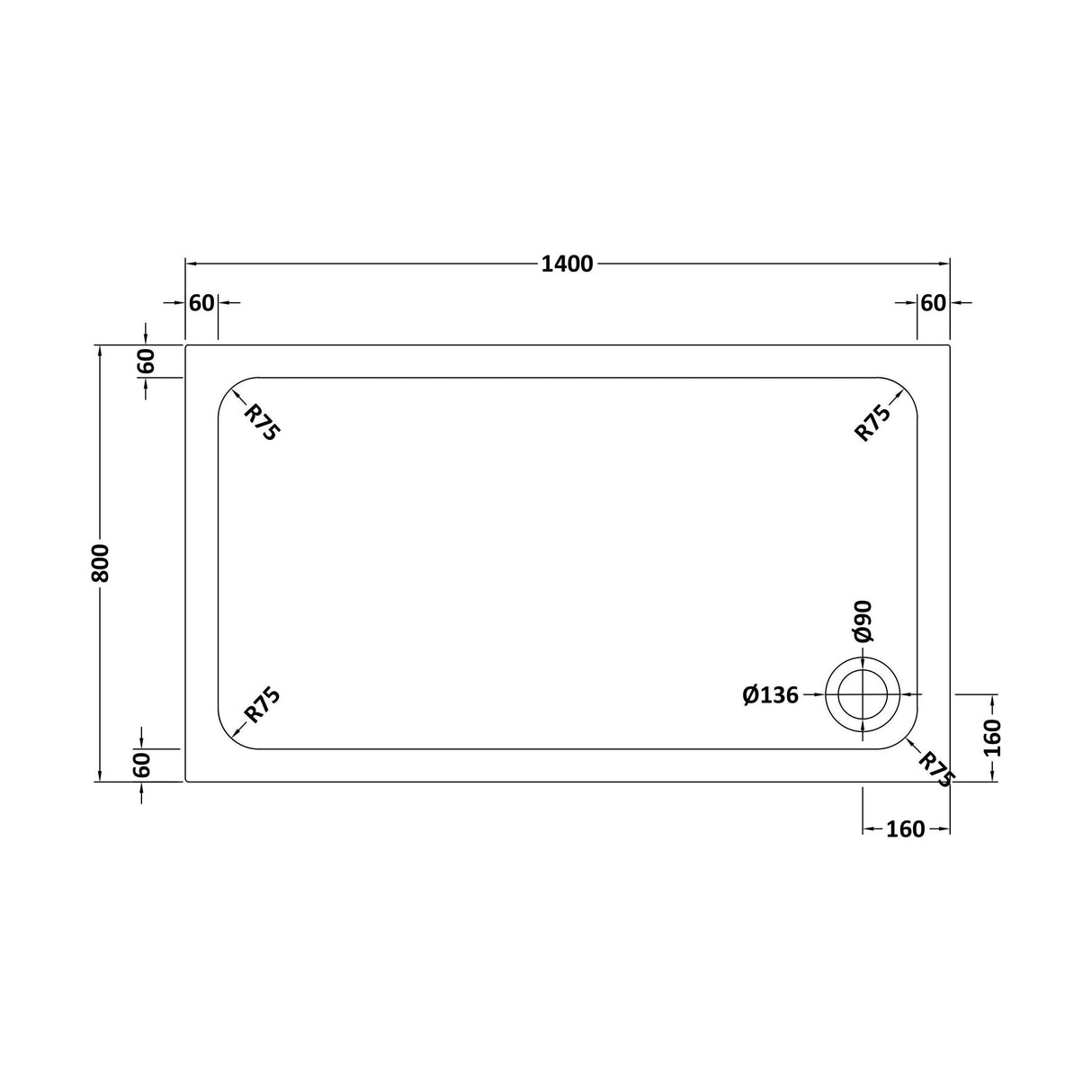 [BETASP1480] White Rectangular Stone Slip Resistant Shower Tray - Available in Multiple Sizes - Technical Drawing