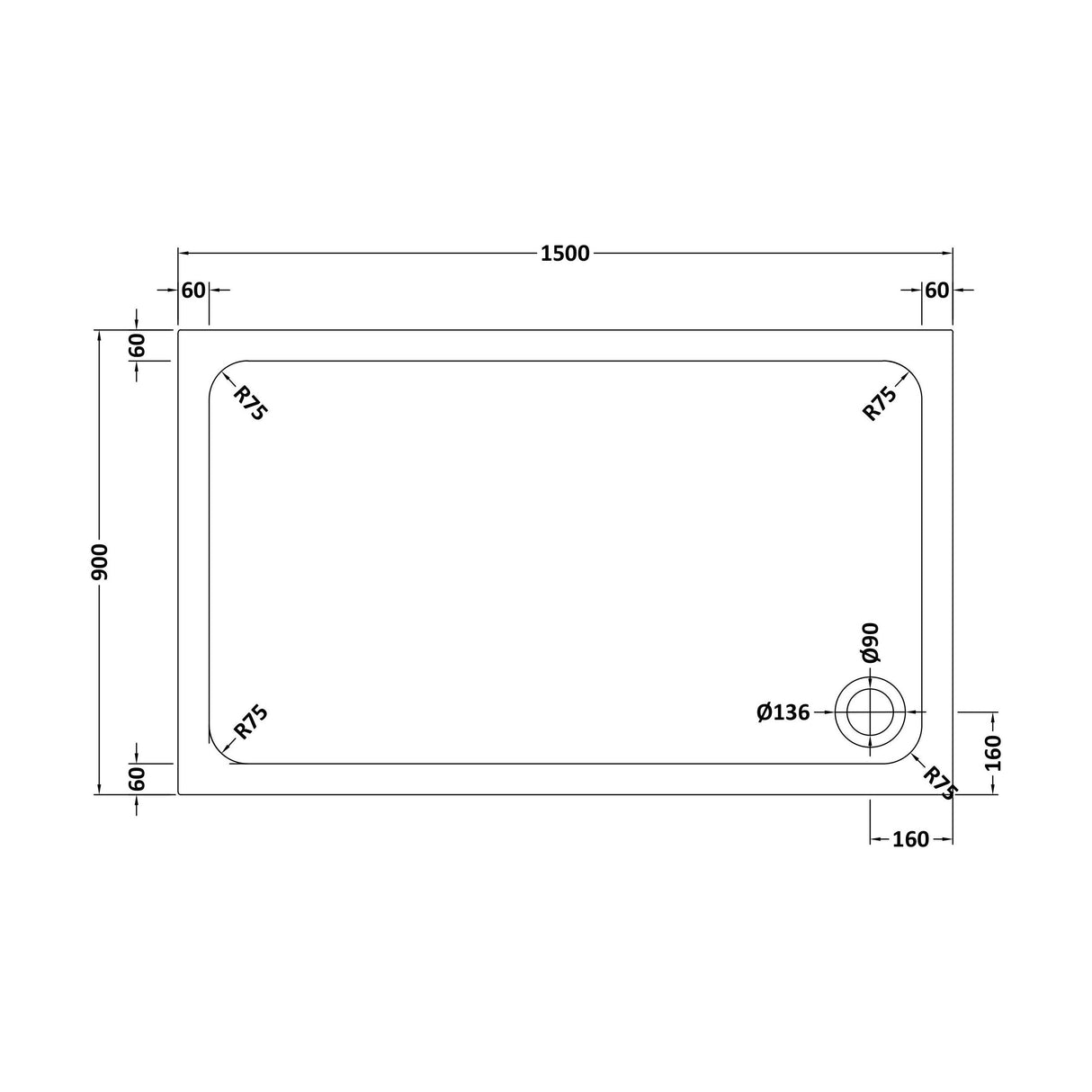 [BETASP1590] White Rectangular Stone Slip Resistant Shower Tray - Available in Multiple Sizes - Technical Drawing