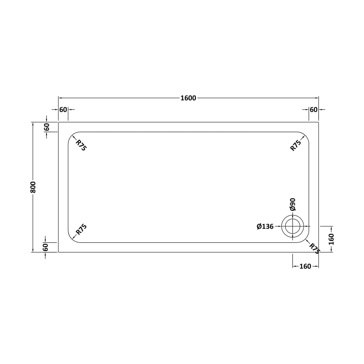 [BETASP1680] White Rectangular Stone Slip Resistant Shower Tray - Available in Multiple Sizes - Technical Drawing