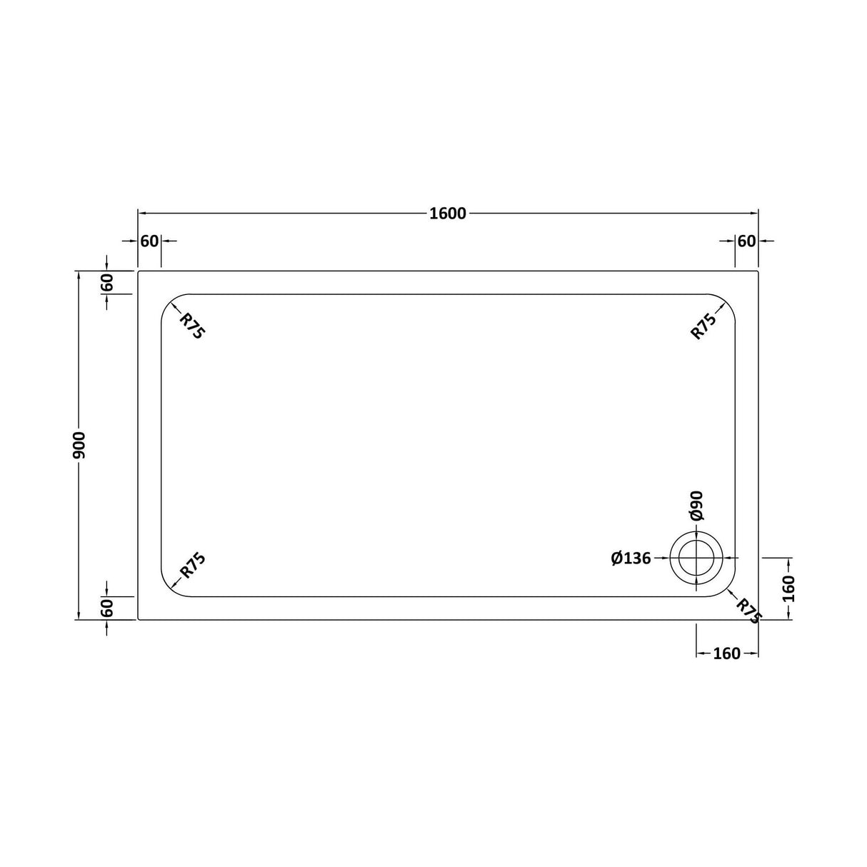 [BETASP1690] White Rectangular Stone Slip Resistant Shower Tray - Available in Multiple Sizes - Technical Drawing