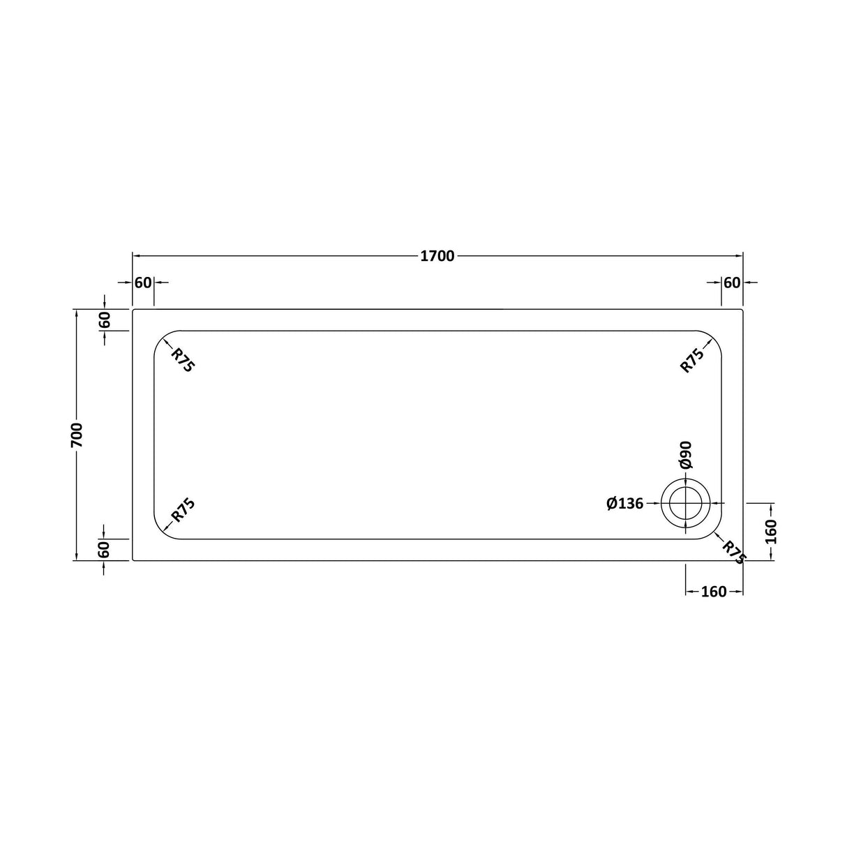 [BETASP1770] White Rectangular Stone Slip Resistant Shower Tray - Available in Multiple Sizes - Technical Drawing