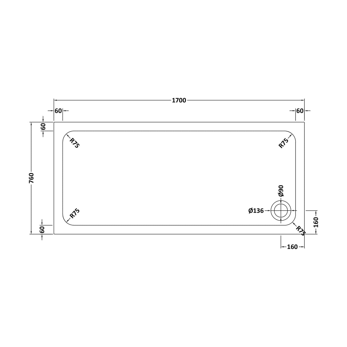 [BETASP1776] White Rectangular Stone Slip Resistant Shower Tray - Available in Multiple Sizes - Technical Drawing
