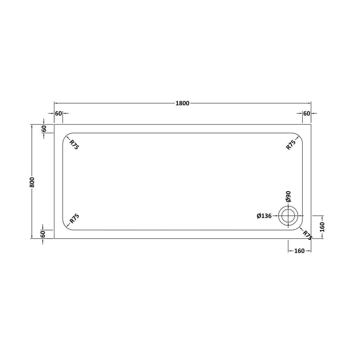 [BETASP1880] White Rectangular Stone Slip Resistant Shower Tray - Available in Multiple Sizes - Technical Drawing