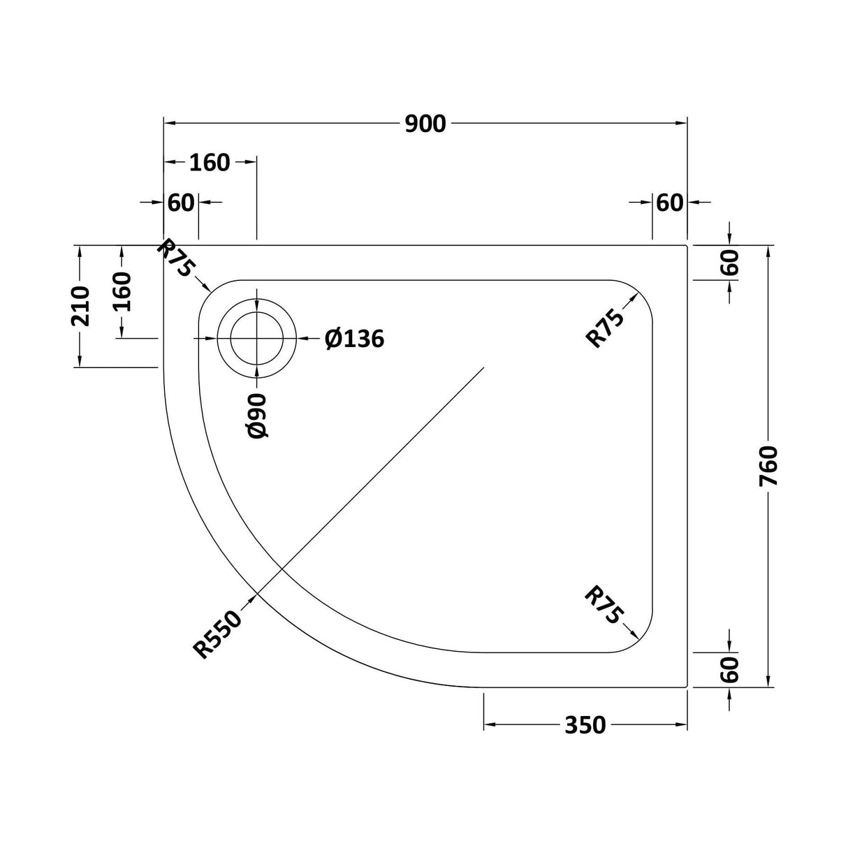 [BETASP9076QL] Bathroom Offset Quadrant Shower Tray, Anti-Slip - Choice of Size and Orientation - Technical Drawing