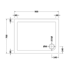[BETR007] Balterley Shower Tray Modern Rectangular 40mm Profile Slimline, White or Grey - Multiple Sizes Available - Technical Drawing