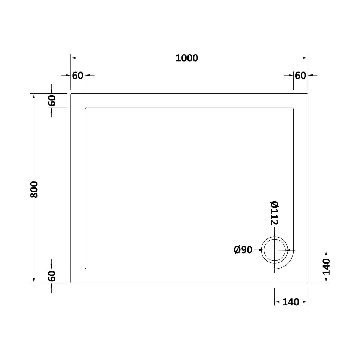 [BETR013] Balterley Shower Tray Modern Rectangular 40mm Profile Slimline, White or Grey - Multiple Sizes Available - Technical Drawing