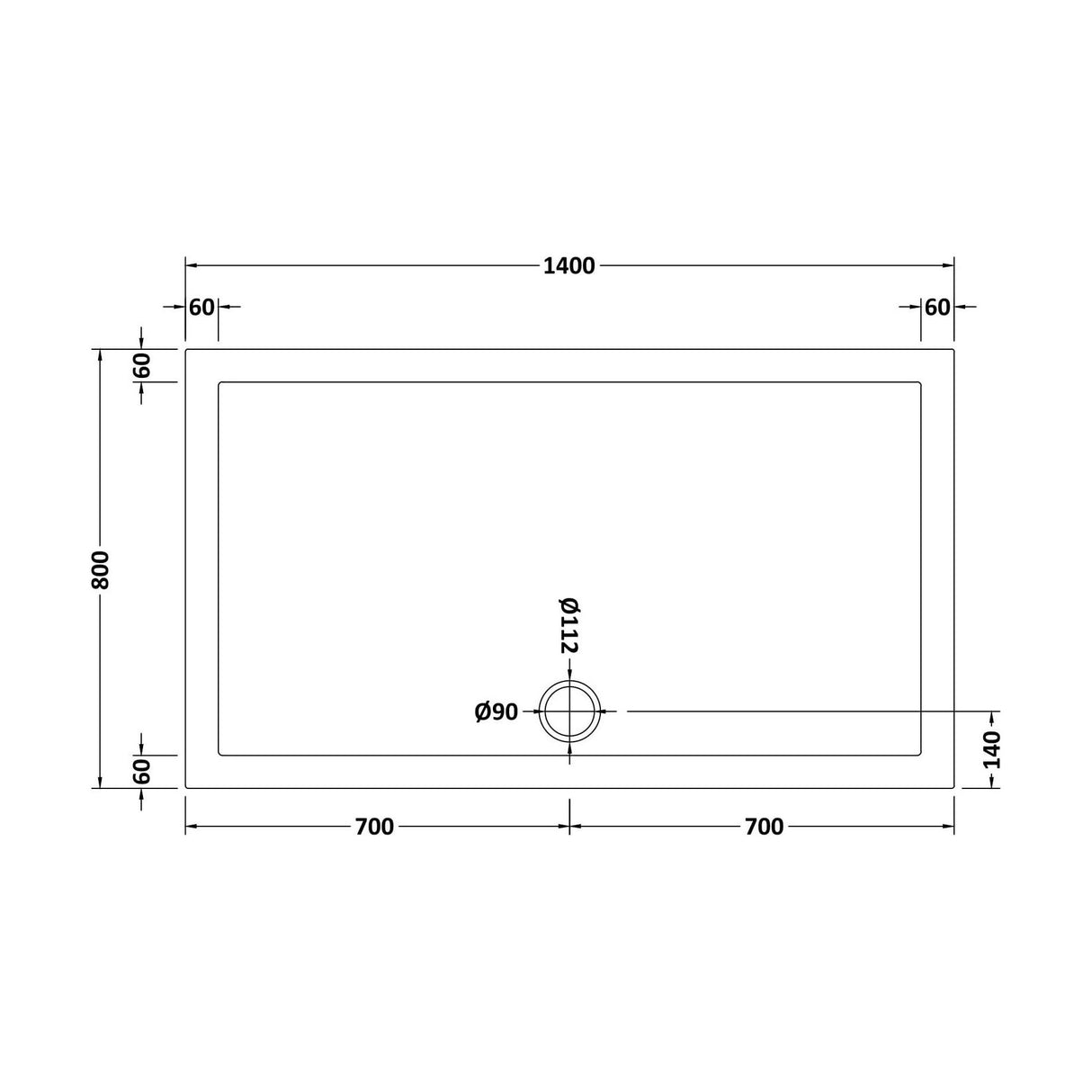 [BETR033] Balterley Shower Tray Modern Rectangular 40mm Profile Slimline, White or Grey - Multiple Sizes Available - Technical Drawing