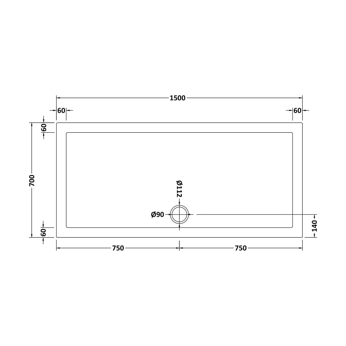 [BETR041] 1500mm x 700mm Premium Rectangular Shower Tray - White - Technical Drawing