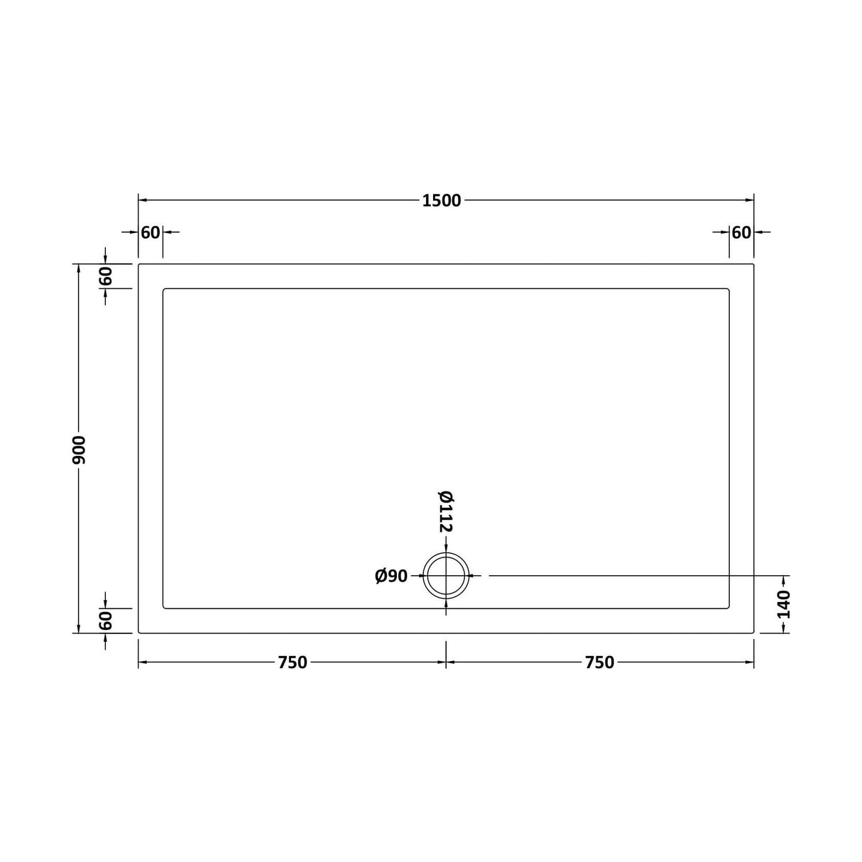 [BETR044] Balterley Shower Tray Modern Rectangular 40mm Profile Slimline, White or Grey - Multiple Sizes Available - Technical Drawing