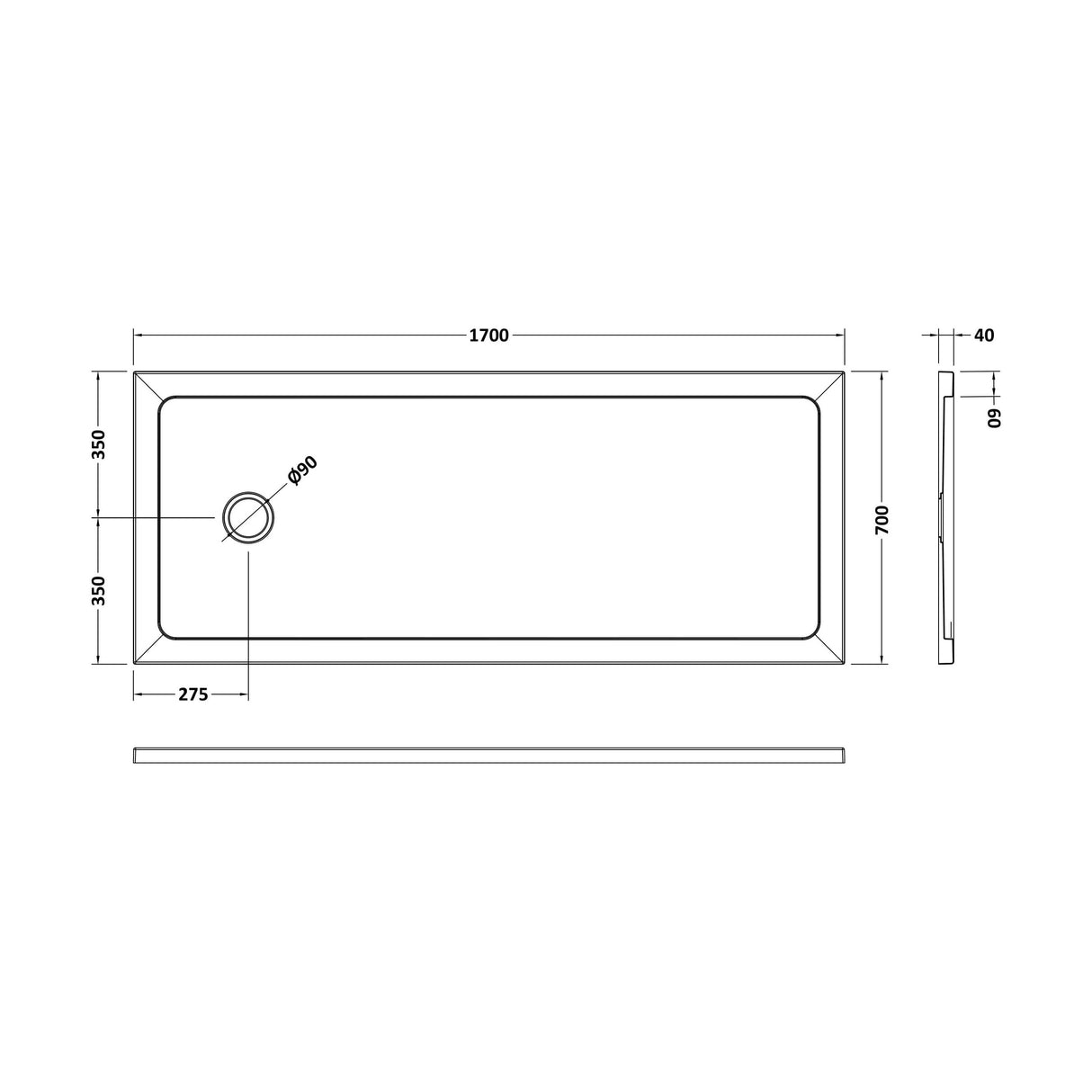 [BETR060] Contemporary Bathroom 40mm Profile Bath Replacement Shower Tray - 1700 x 700mm - Technical Drawing