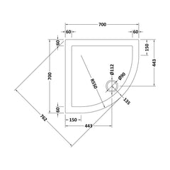 [BETR096] Balterley Shower Tray Quadrant, 40mm Profile Design - Choice of Size and Colour - Technical Drawing