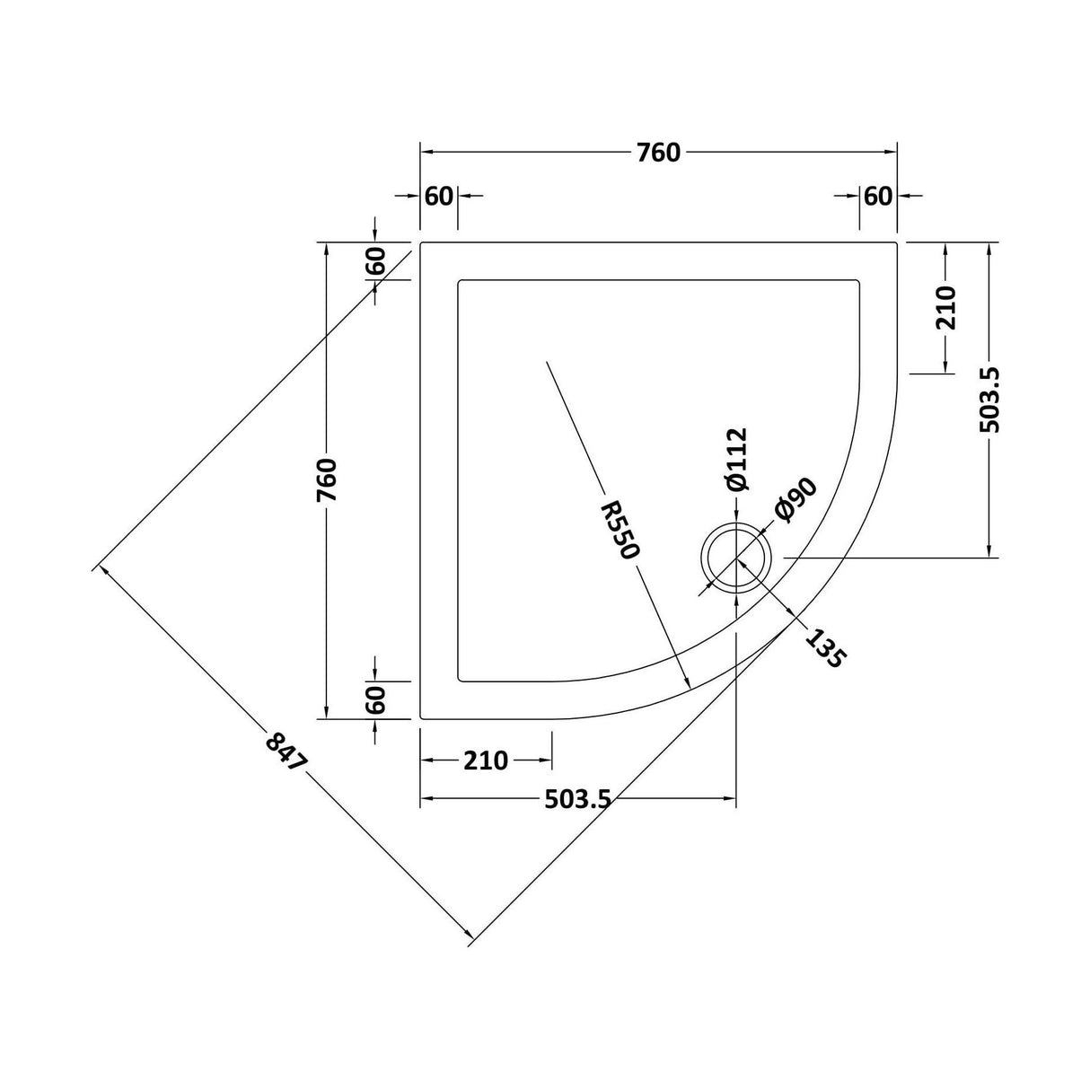 [BETR097] Balterley Shower Tray Quadrant, 40mm Profile Design - Choice of Size and Colour - Technical Drawing