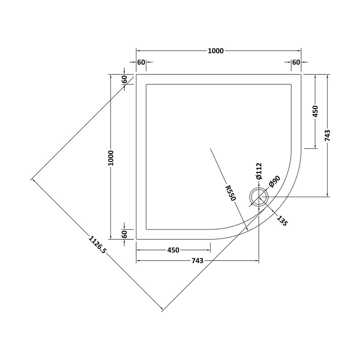[BETR107] Balterley Shower Tray Quadrant, 40mm Profile Design - Choice of Size and Colour - Technical Drawing