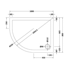 [BETR108] Balterley Shower Tray Modern Offset Quadrant Shower Tray, Left or Right Hand - Choice of Size and Finish - Technical Drawing