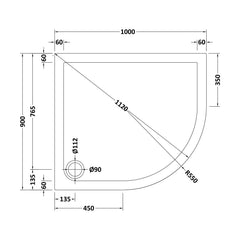[BETR111] Balterley Shower Tray Modern Offset Quadrant Shower Tray, Left or Right Hand - Choice of Size and Finish - Technical Drawing