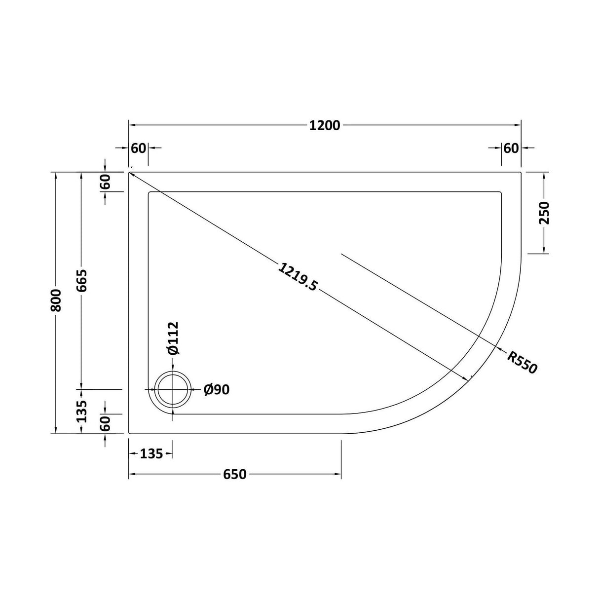 [BETR113] Balterley Shower Tray Modern Offset Quadrant Shower Tray, Left or Right Hand - Choice of Size and Finish - Technical Drawing