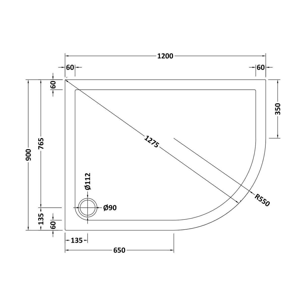 [BETR115] Balterley Shower Tray Modern Offset Quadrant Shower Tray, Left or Right Hand - Choice of Size and Finish - Technical Drawing