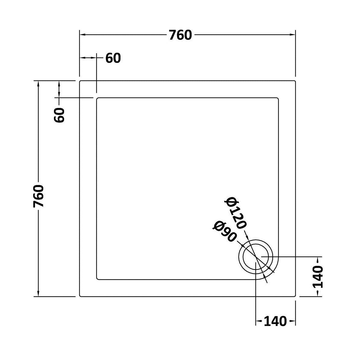 [BETR71003] Balterley Shower Tray Modern Square, 40mm Profile - Choice of Size and Colour - Technical Drawing