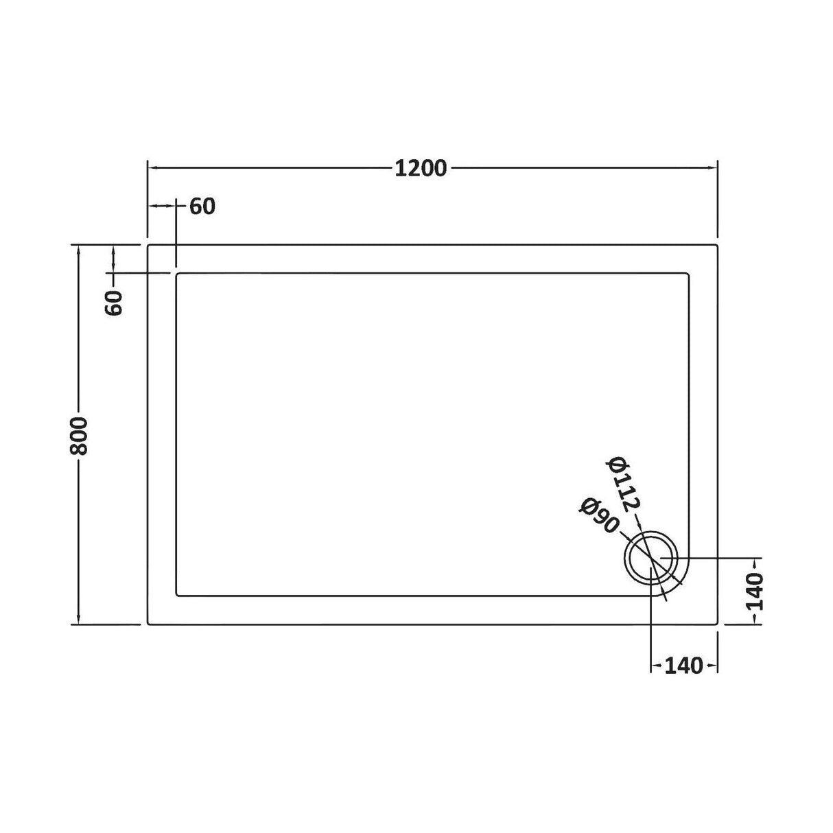 [BETR71023] Balterley Shower Tray Modern Rectangular 40mm Profile Slimline, White or Grey - Multiple Sizes Available - Technical Drawing