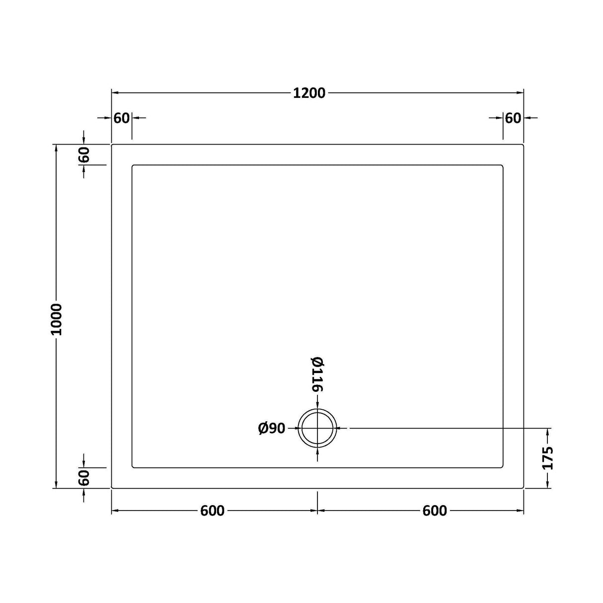[BETR71025] Balterley Shower Tray Modern Rectangular 40mm Profile Slimline, White or Grey - Multiple Sizes Available - Technical Drawing