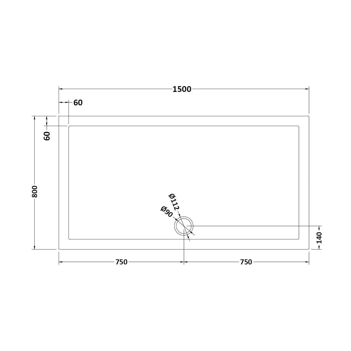 [BETR71043] Balterley Shower Tray Modern Rectangular 40mm Profile Slimline, White or Grey - Multiple Sizes Available - Technical Drawing