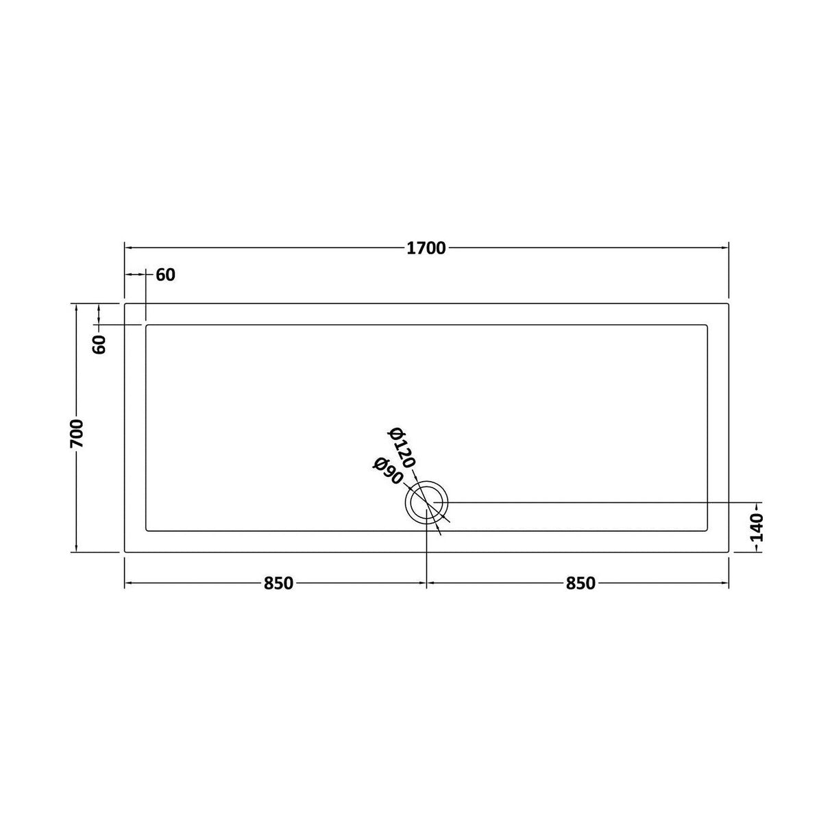 [BETR71061] Balterley Shower Tray Modern Rectangular 40mm Profile Slimline, White or Grey - Multiple Sizes Available - Technical Drawing