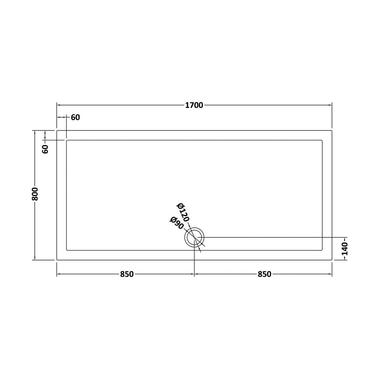 [BETR71063] Balterley Shower Tray Modern Rectangular 40mm Profile Slimline, White or Grey - Multiple Sizes Available - Technical Drawing