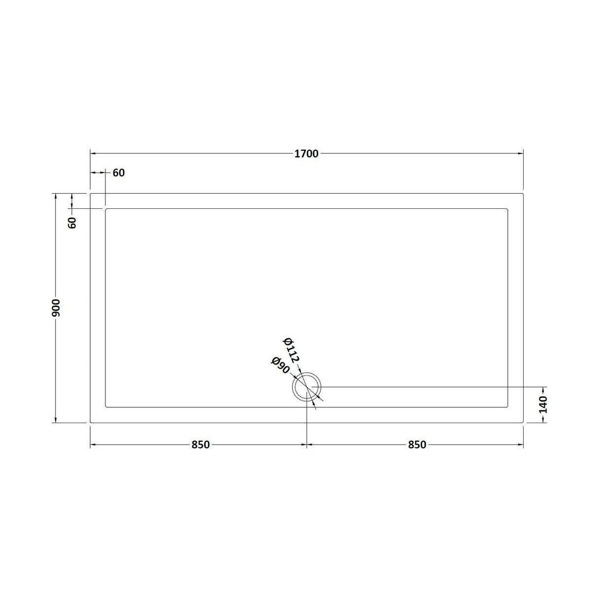 [BETR71064] Balterley Shower Tray Modern Rectangular 40mm Profile Slimline, White or Grey - Multiple Sizes Available - Technical Drawing