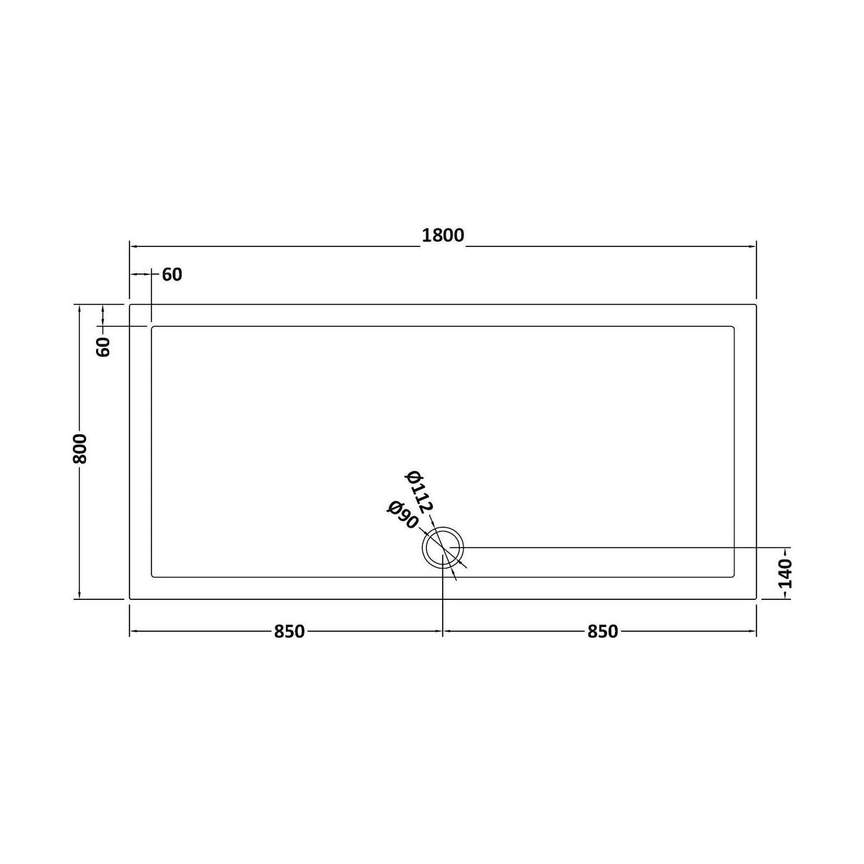 [BETR71073] Balterley Shower Tray Modern Rectangular 40mm Profile Slimline, White or Grey - Multiple Sizes Available - Technical Drawing
