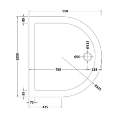 [BETR71095] Balterley Shower Tray D Shape, 1050mm - Available in White and Slate Grey - Technical Drawing