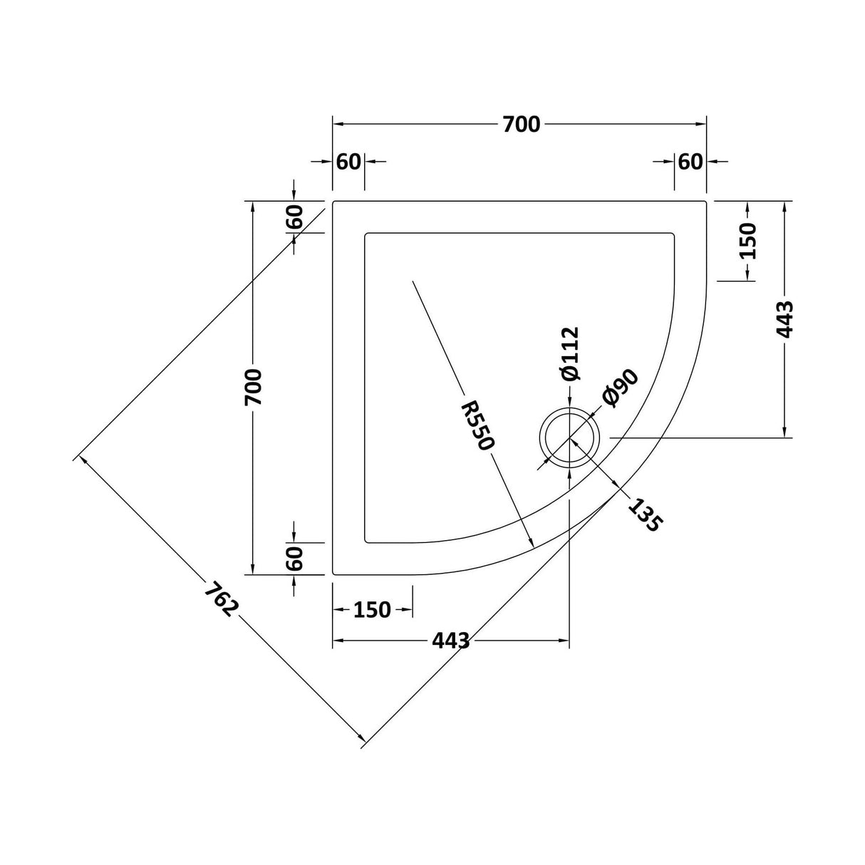 [BETR71096] Balterley Shower Tray Quadrant, 40mm Profile Design - Choice of Size and Colour - Technical Drawing