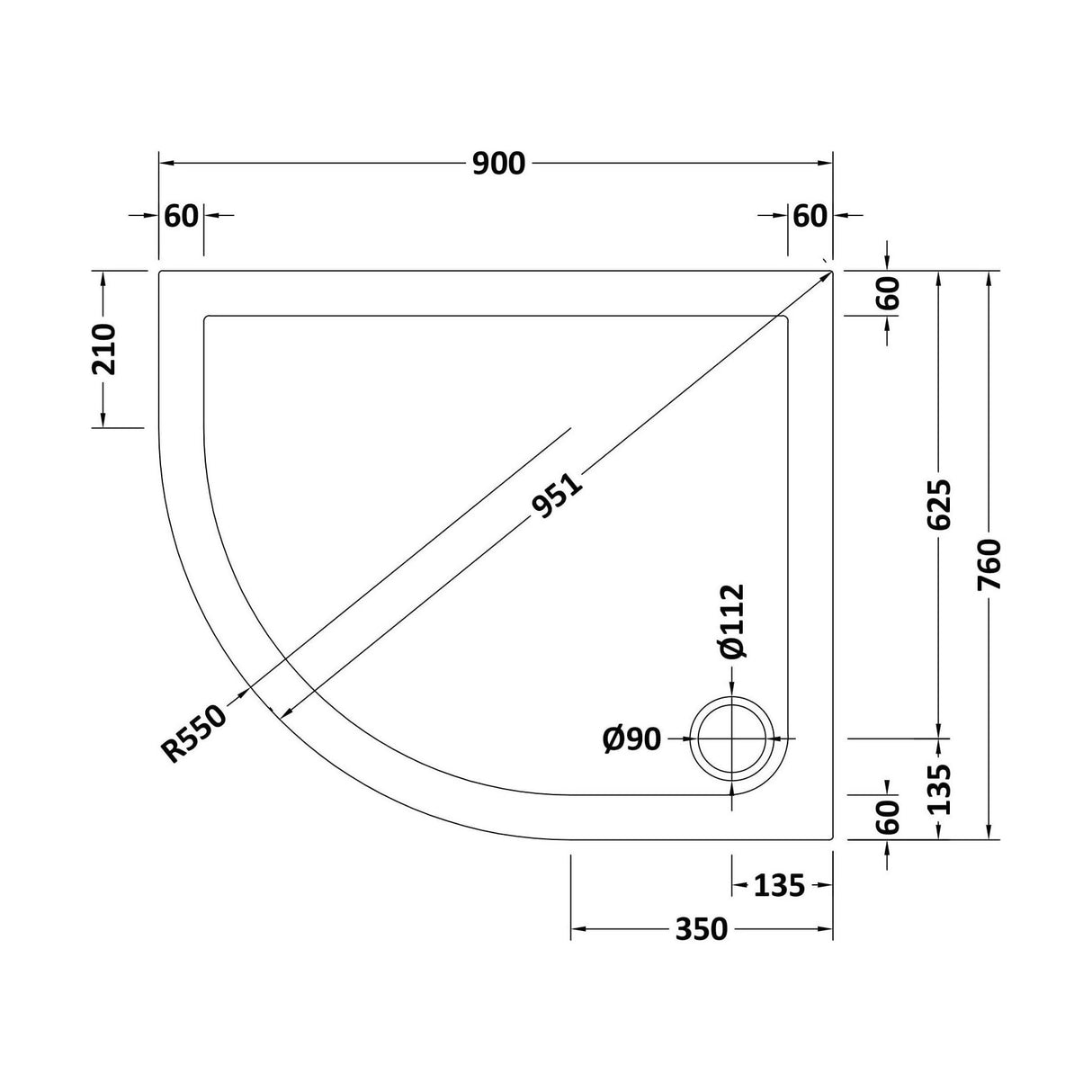 [BETR71101] Balterley Shower Tray Modern Offset Quadrant Shower Tray, Left or Right Hand - Choice of Size and Finish - Technical Drawing