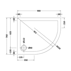 [BETR71102] Balterley Shower Tray Modern Offset Quadrant Shower Tray, Left or Right Hand - Choice of Size and Finish - Technical Drawing