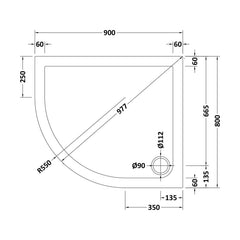 [BETR71103] Balterley Shower Tray Modern Offset Quadrant Shower Tray, Left or Right Hand - Choice of Size and Finish - Technical Drawing
